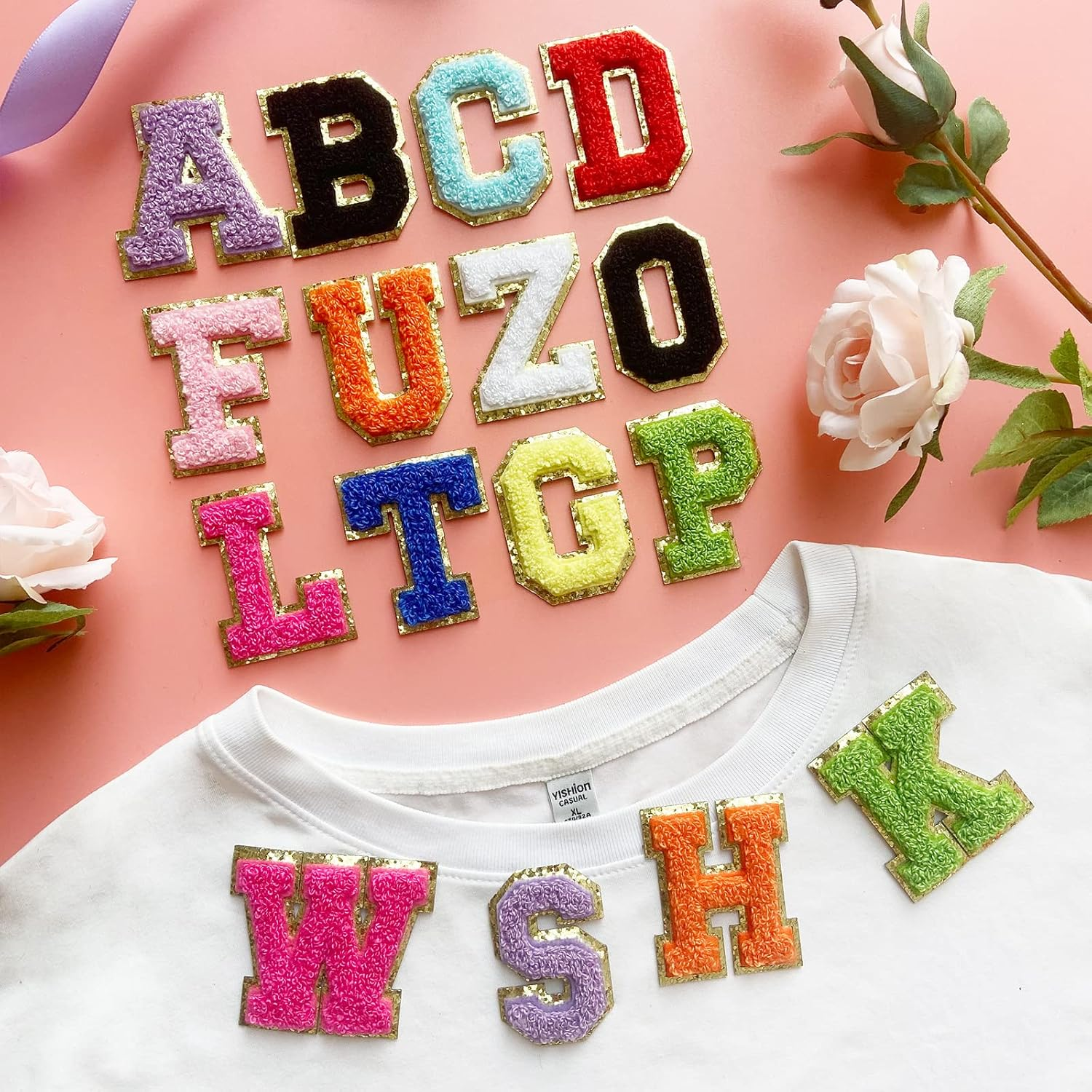 Jongdari Chenille Letter Patches Self-Adhesive & Iron-On Letters, 52Pcs Varsity Fuzzy Patch Glitter Alphabet - 26Pcs, Multicolored image number 6