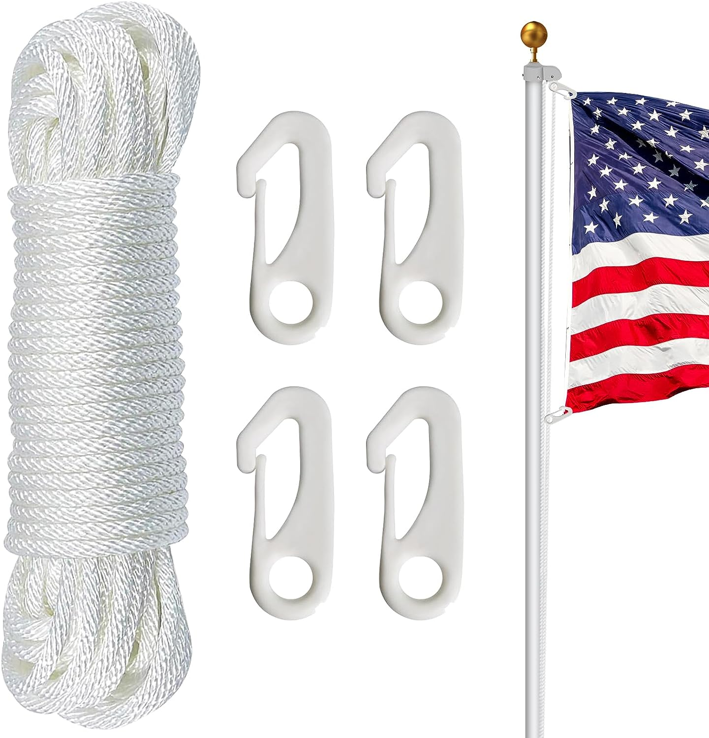 NQ 50 Feet X 1/4" Flag Pole Halyard Rope with 4 Pieces Nylon Flag Pole Hook Clips,Outdoor Flagpole Accessories-Double Braided, Compatible with Flagpoles up to 25 Feet