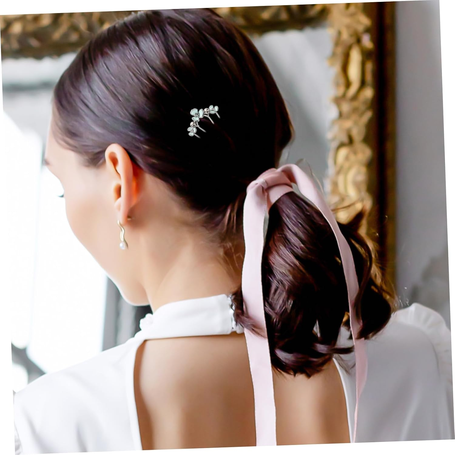 HAMPPLIES 2Pcs U-Shaped Metal Hair Forks Pearl Rhinestones 4-Prong Wave Hair Combs for Brides and Formal Events French Side Clips for Women image number 3