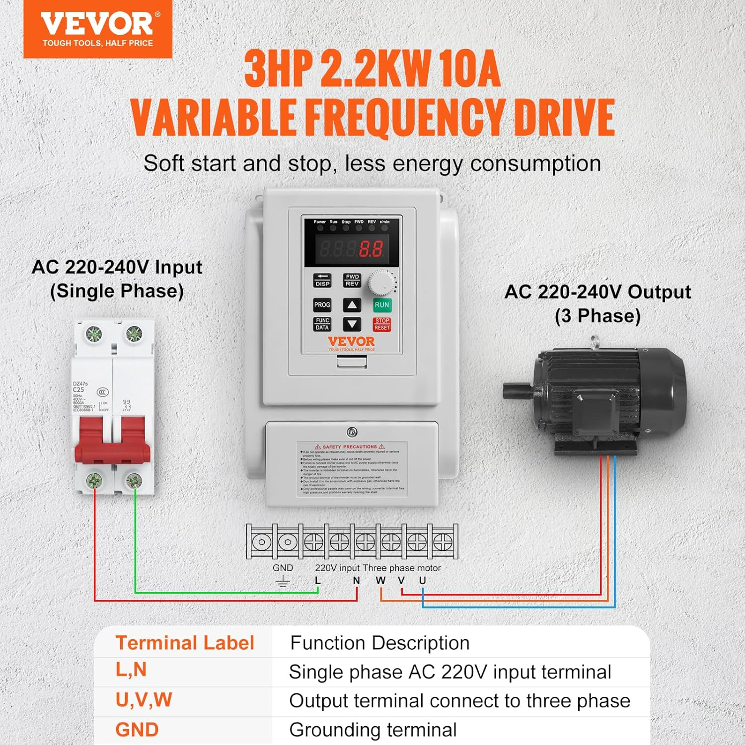 VEVOR VFD 2.2KW 10A 3HP Variable Frequency Drive for 3-Phase Motor Speed Control image number 5