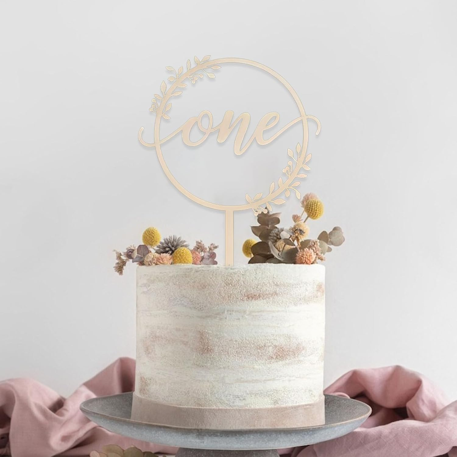 Wooden "One" Birthday Cake Decoration with Floral Garland Design - Wedding Anniversary Decoration - Suitable for Children or Adults as Birthday or Party Decoration image number 5