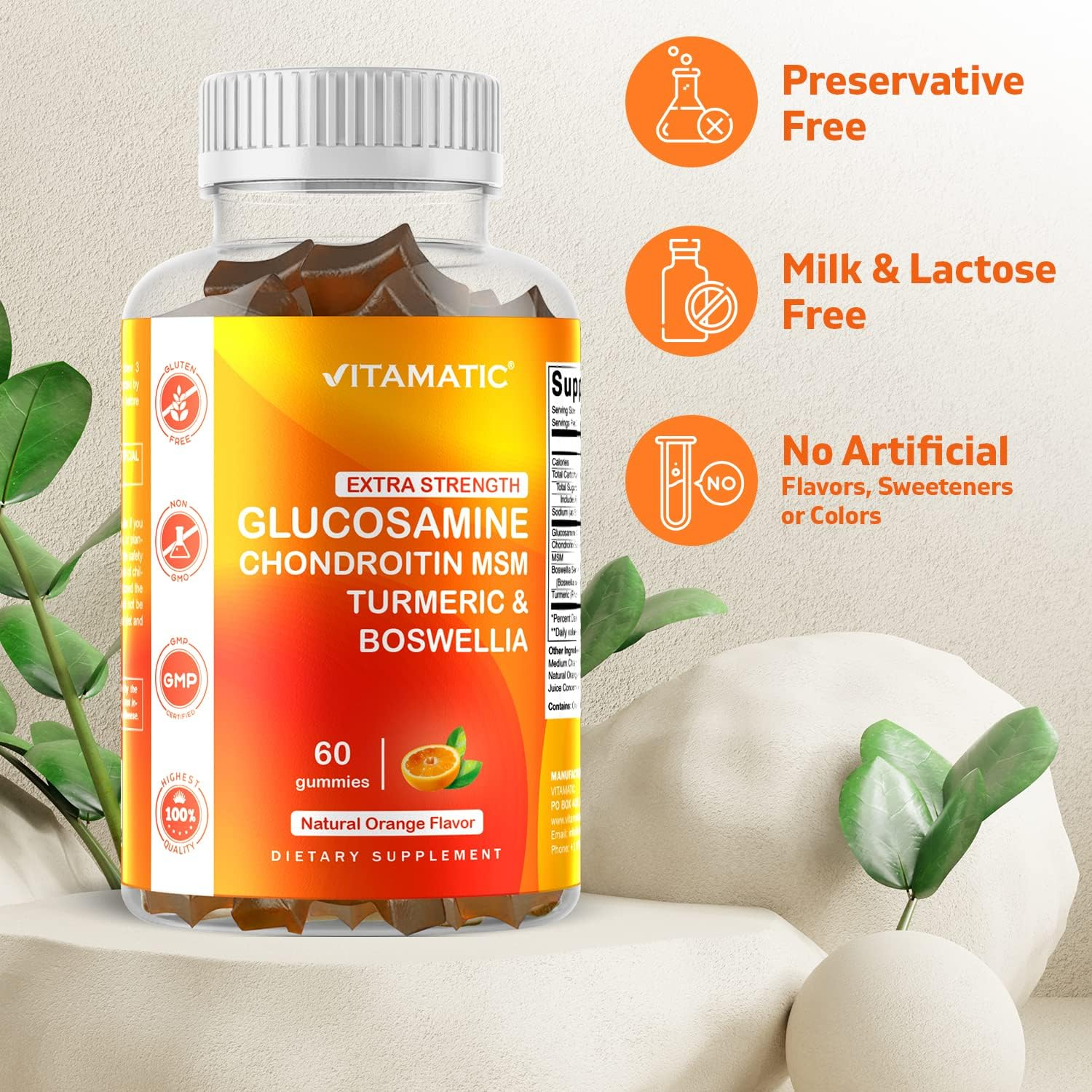 Vitamatic Extra Strength Glucosamine Chondroitin Gummies with MSM, Turmeric, & Boswellia - Joint Support - 60 Pectin Based Gummies image number 5