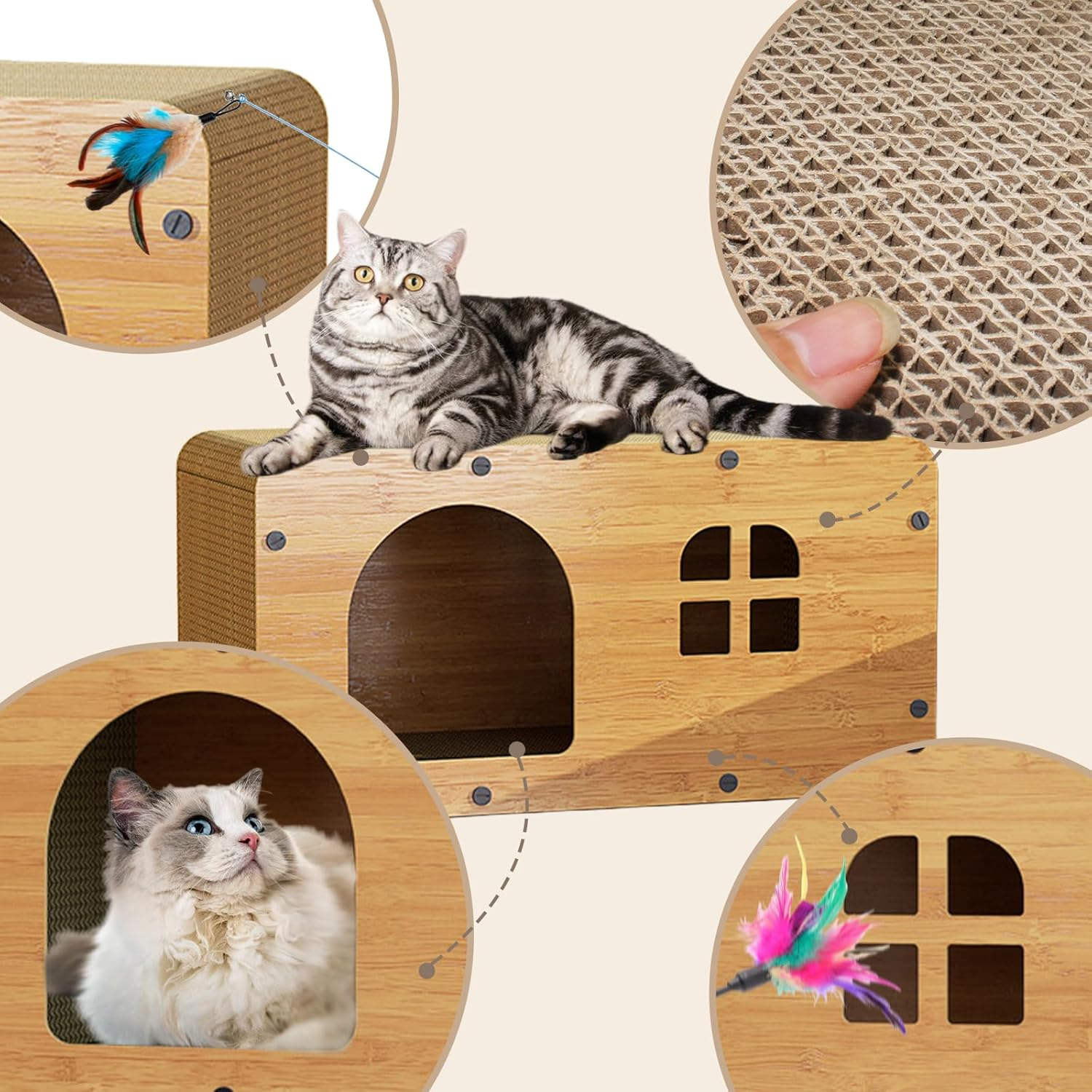 Cardboard Cat House 2 in 1 Corrugated Cardboard Cat Scratcher Lounge Bed for Cats Board Wood Double Layer Cat House with Scratching Pad with Fluffy Ball Extra Large image number 2