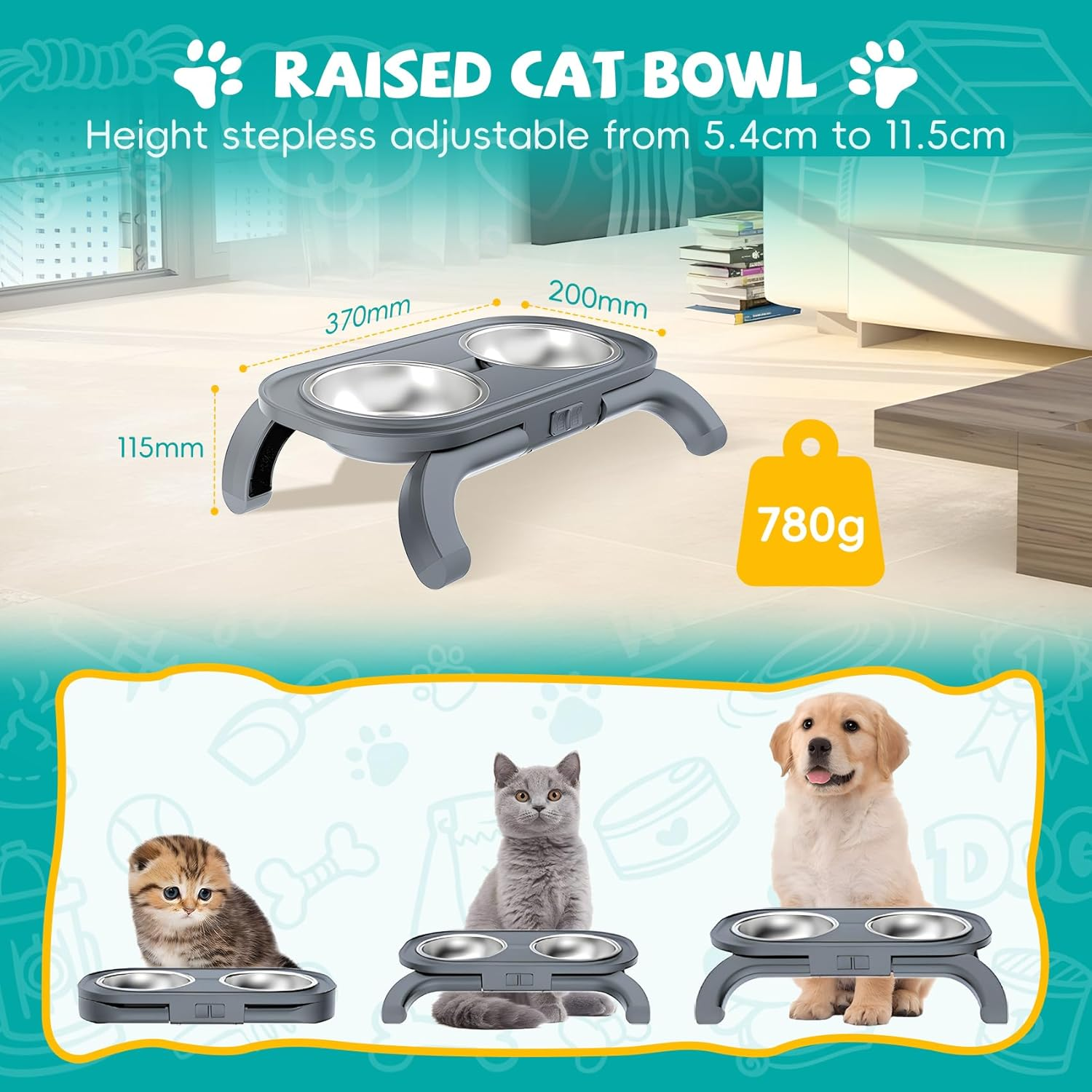 Carehabi Elevated Cat Bowl, Height Adjustable Tilted Cat Bowl with Non-Slip Foot Pads, Feeding Bowl and Water Bowl Set, Prevent Food Spill for Cats and Dogs