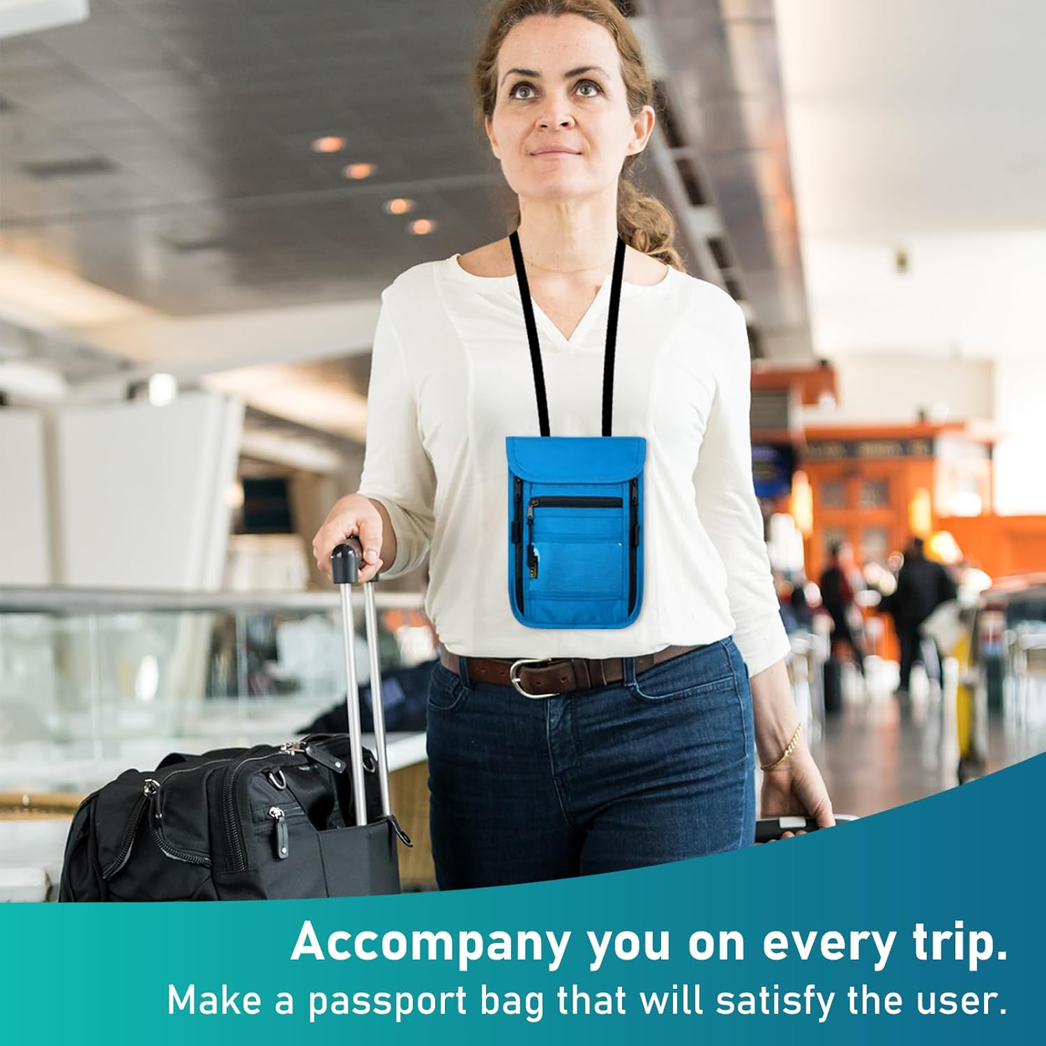 Sundee Travel Neck Wallet with Double Zippers, RFID Blocking Passport Holder with Adjustable Neck Strap for Men and Women to Keep Cash, Credit Cards and Travel Documents Safe, Lake Blue, S, Classic - Black image number 7