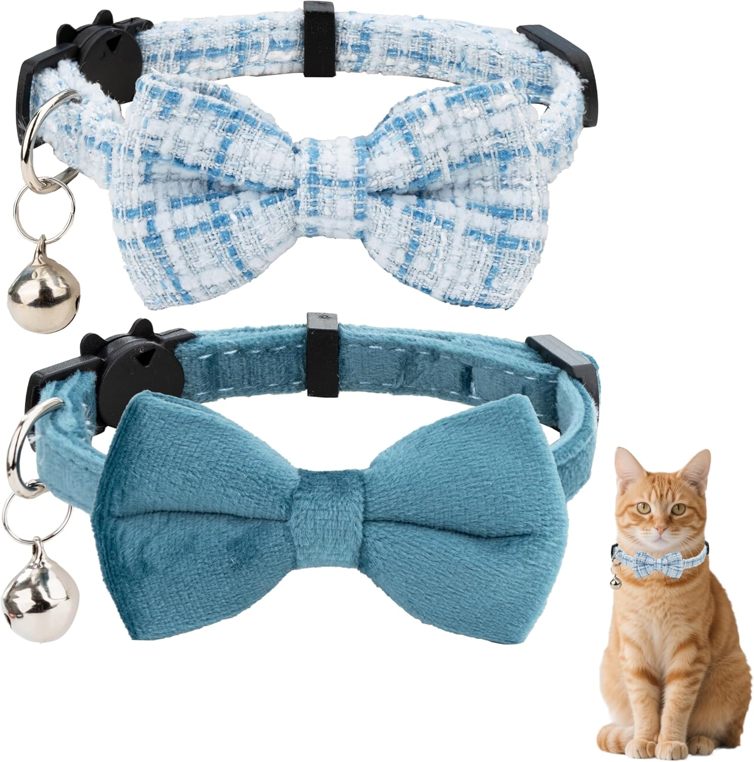 Gyapet Cat Collar Breakaway Bowtie Safety with Bell Adjustbale Kitten Puppy Solid Plaid Color Set D-[2Pcs] Blue - Beige image number 2