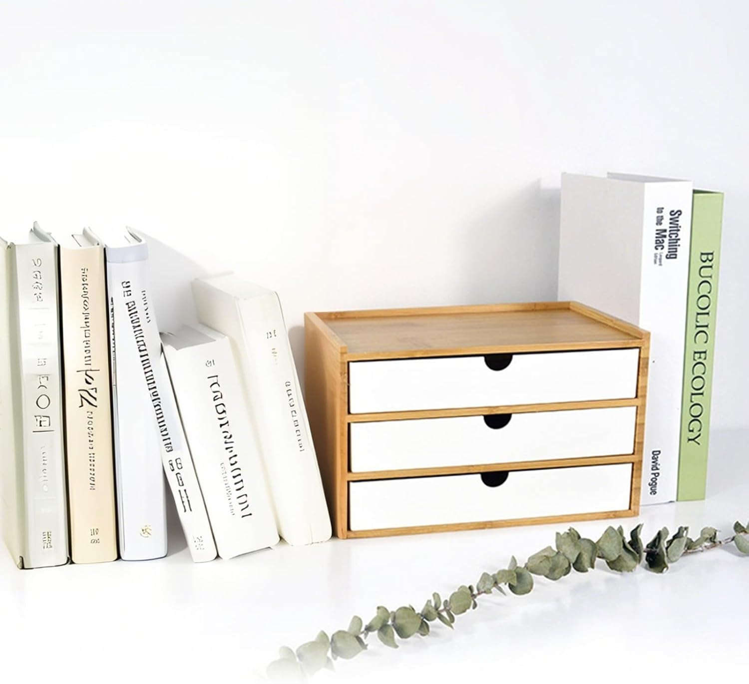 Office Desk Organizer with Drawers - Bamboo Desktop Organizer Storage,White Desk Drawers Organizer Desk Accessories No Assembly Required image number 4