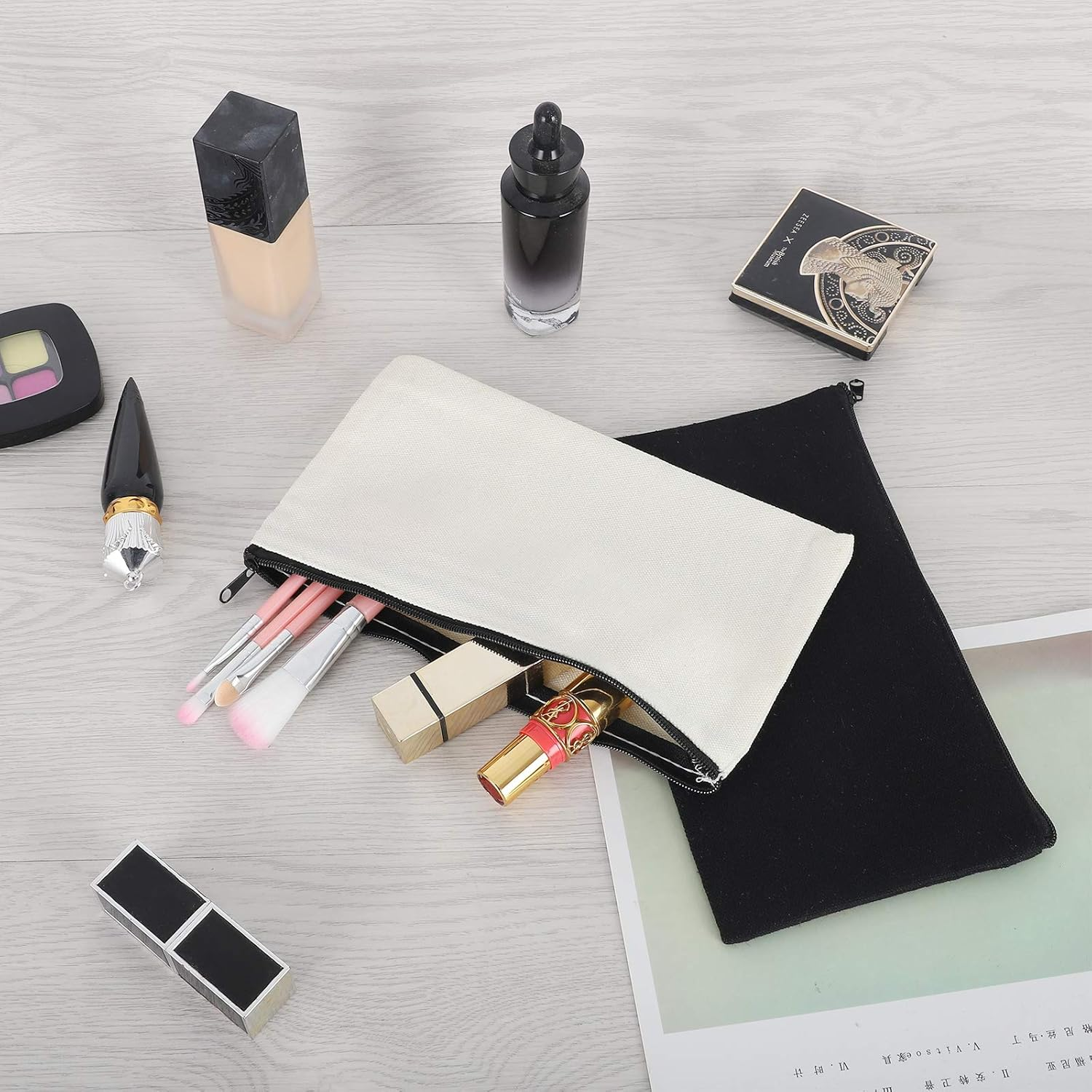 12 Pieces Black Cotton Canvas Makeup Bag, Multipurpose Cosmetic Bag with Zipper Travel Toiletry Pouch, Blank DIY Craft Bag Pencil Bag, White, M