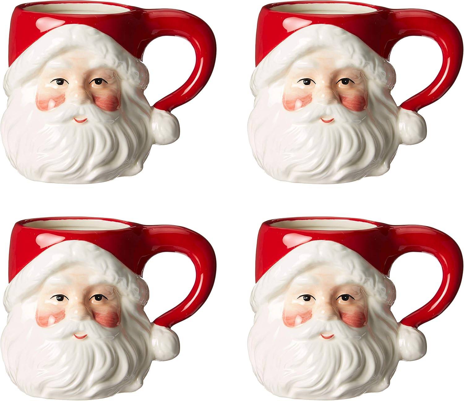 Christmas Ceramic Classic Santa Heads Beverage Drinking Mugs, Red & White, Set of 4, Medium, 5.5" X 3.9" X 4.1" image number 4