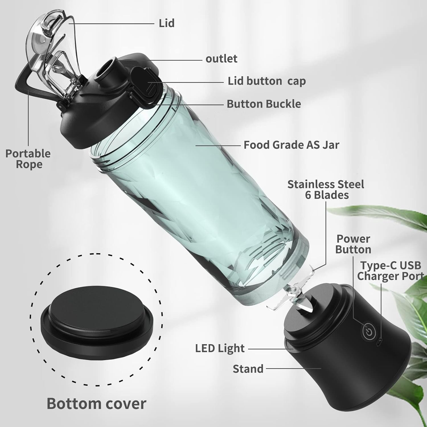 Portable Blender, 600Ml Personal Size Blender for Shakes and Smoothies with 6 Blade Mini Blender for Kitchen,Home,Travel (Black) - Elegant Black image number 3