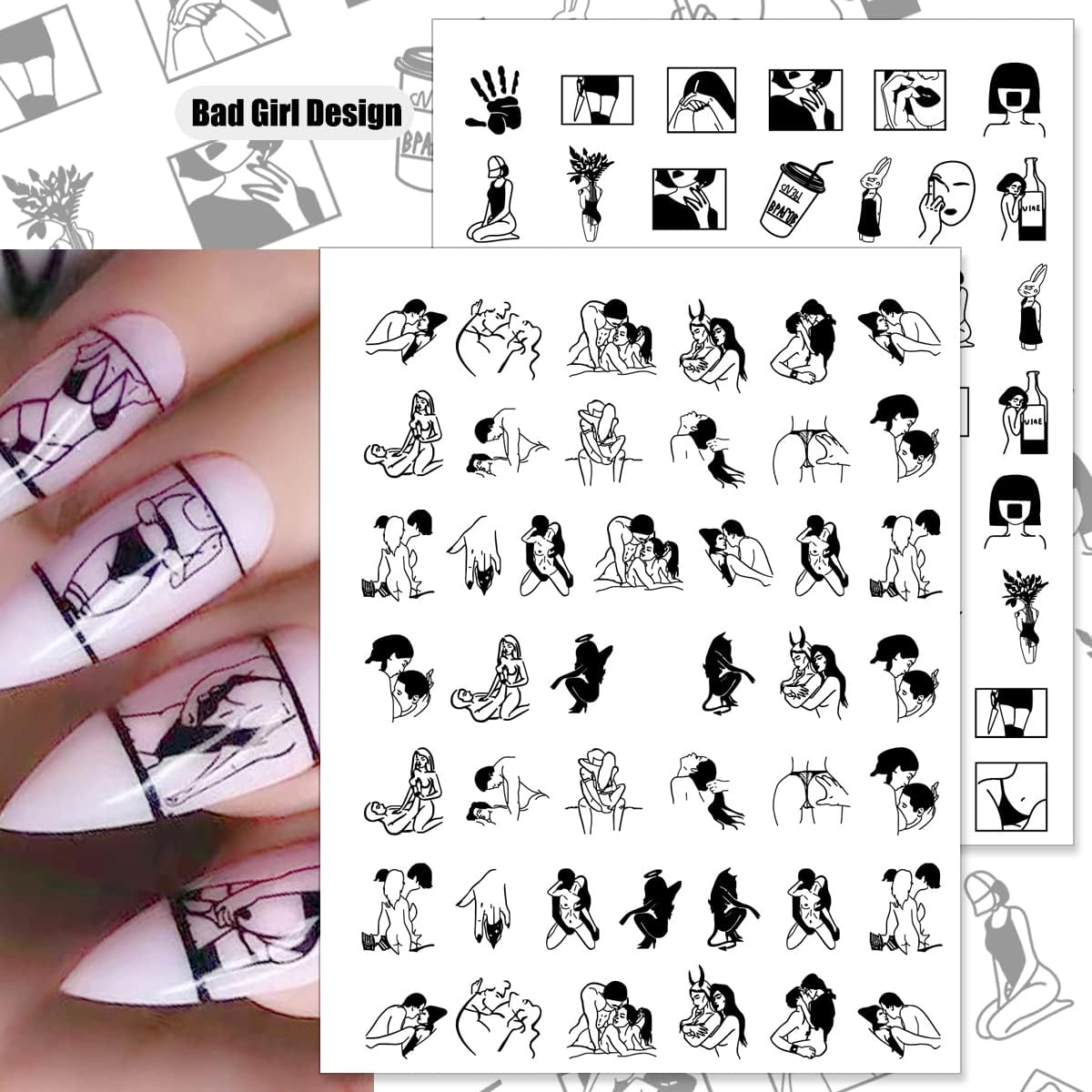 8 Sheets Bad Girl Nail Art Stickers 3D Self Adhesive Stickers Abstract Black White Design Nail Art Supplies Sexy Girls Nail Stickers for Women Girls Graffiti Fun Nail Decoration DIY Manicure Tips image number 5