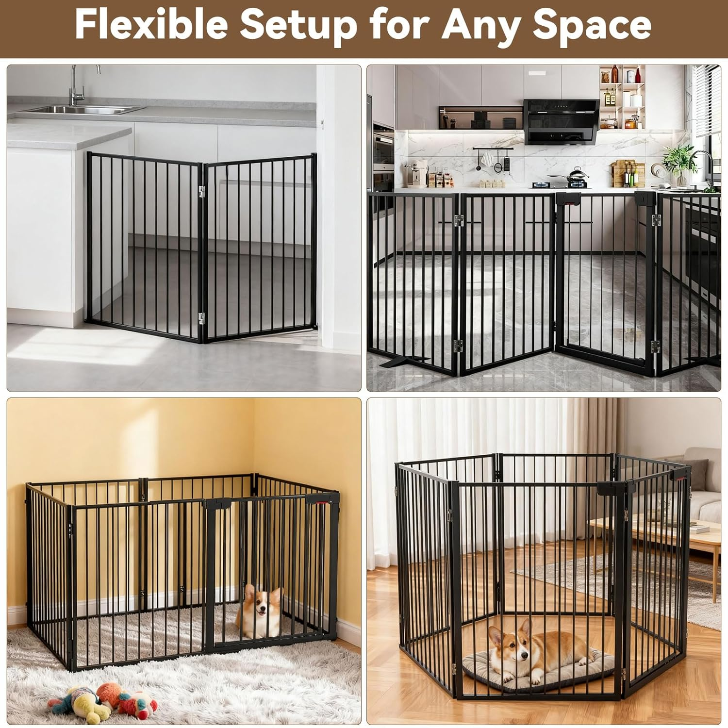 2 Panels Metal Dog Gate for Doorways Folding Pet Barrier, Adjustable Indoor Outdoor Dogs Fence with Support Feet Freestanding Dog Gates Indoor, Black, 132&times;76 Cm