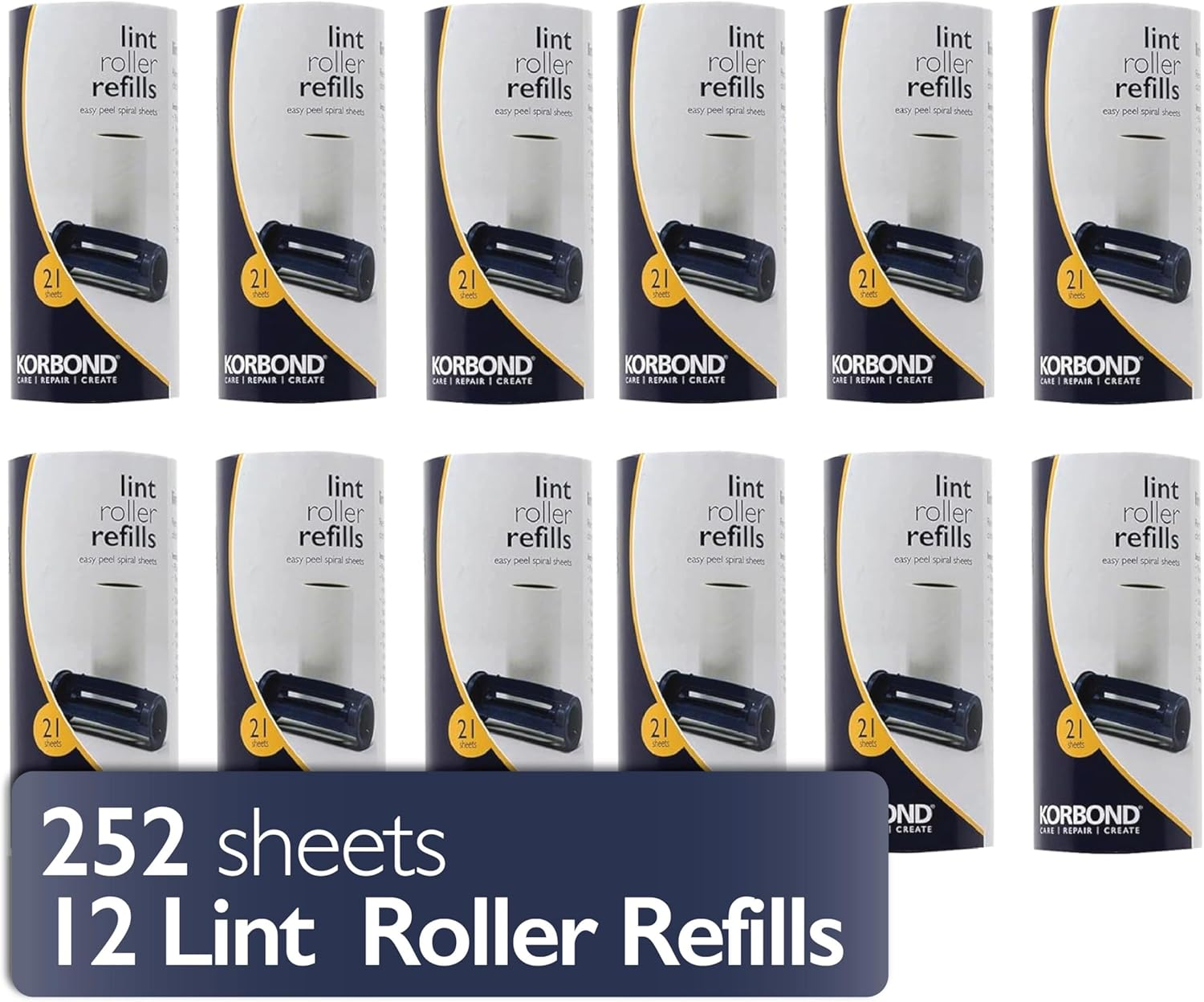 Korbond 12 Pack of Lint Roller Refills - 252 Pre-Cut Sticky Sheets - for All Fabric Types - Remove Dust and Lint from Furniture and Clothing - NO Residue