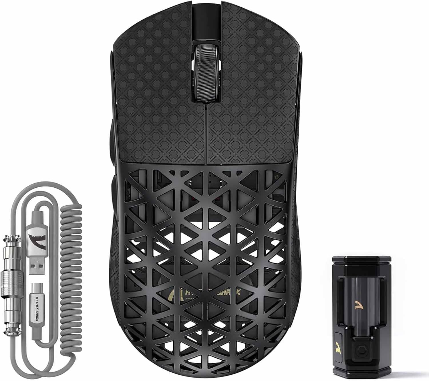 ATTACK SHARK R5 Ultra Wireless Gaming Mouse,39G Superlight Carbon Fiber Hollowed-Out,Paw3950Max Optical Sensor Nordic 52840 MCU 8K Polling 42K Dpi,Tri-Mode Programmable Mice with Coiled Cable-Black