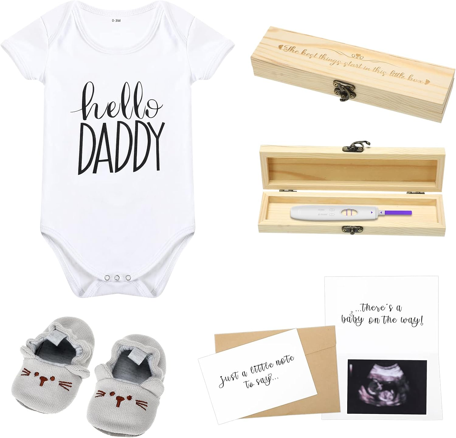 Jiuguva Surprise Pregnancy Announcements for Dad Test Keepsake Box Wooden Baby Announcement Hello Daddy Bodysuit Shoes Reveal Card Envelope Gift Sets Husband Partner image number 1