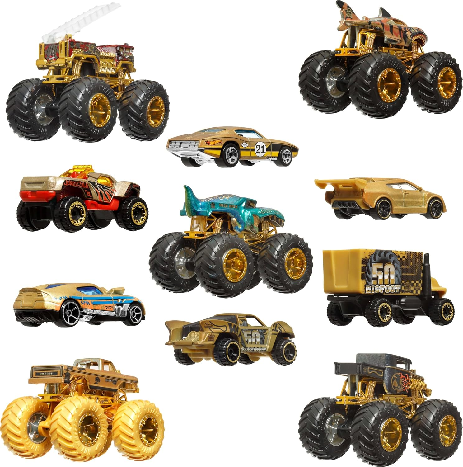 Hot Wheels Toy Cars & Trucks, Monster Trucks Trophy Champions Collection with Die-Cast Bigfoot, 5-Alarm, Bone Shaker, Mega-Wrex & Tiger Shark & 6 Cars