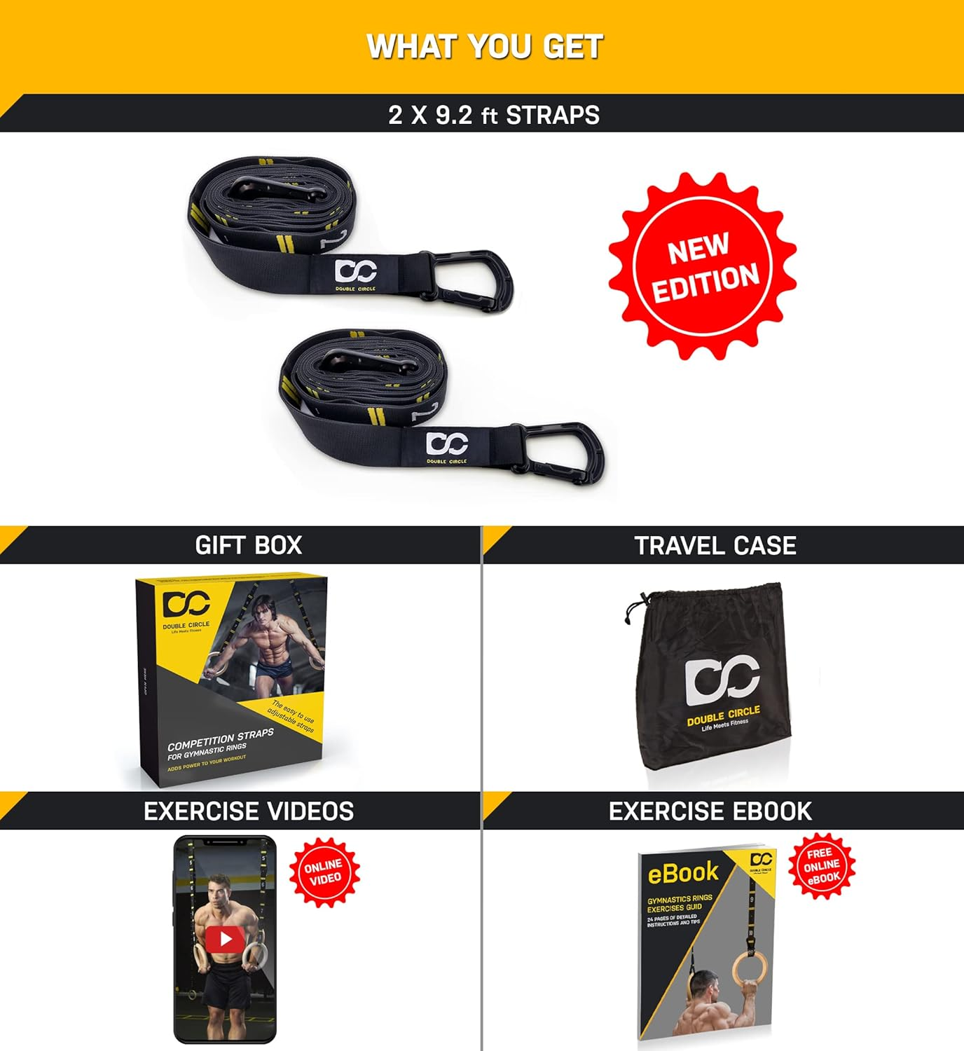 Double Circle Quick Adjust Numbered Straps for Gymnastic Rings - Carabiner System and Exercise Video Guide for Full Body Workout, Calisthenics, and Home Gym image number 3