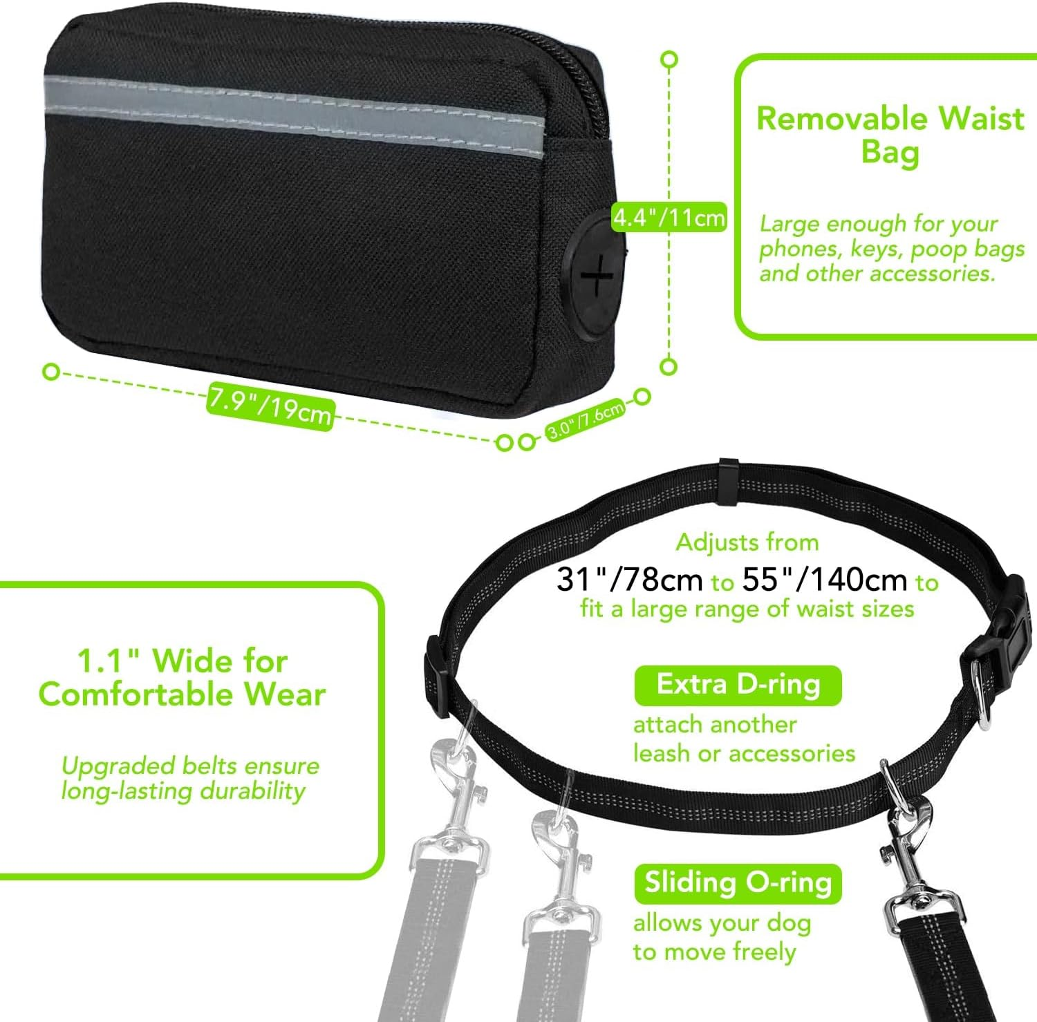 KIKNIN Hands Free Dog Leash with with Pouch-Waist Dog Running Leash with Adjustable Waist Belt & Dual Handle for 2 Medium Dogs, Retractable Reflective Bungee Dog Leash for Jogging Walking Hiking image number 3