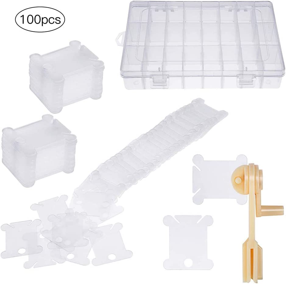 100 Pieces Plastic Cross Stitch Bobbins Plastic Embroidery Floss Bobbins and Embroidery Organizer Box for Cross Stitch Craft DIY Sewing Storage Compartments Jewelry Storage Box