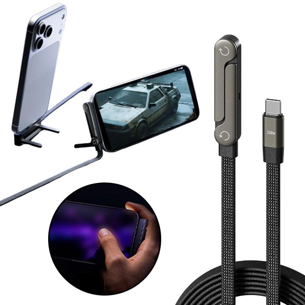 240W Invisible Stand Charging Cable with Braided Cables, 2 In1 Mobile Phone Holder Data Cable, 360&deg; Foldable Rotation Multi Alloy Nylon Braided Type C Charger for Phone Tablets (1.5M/5Ft/1Pcs)
