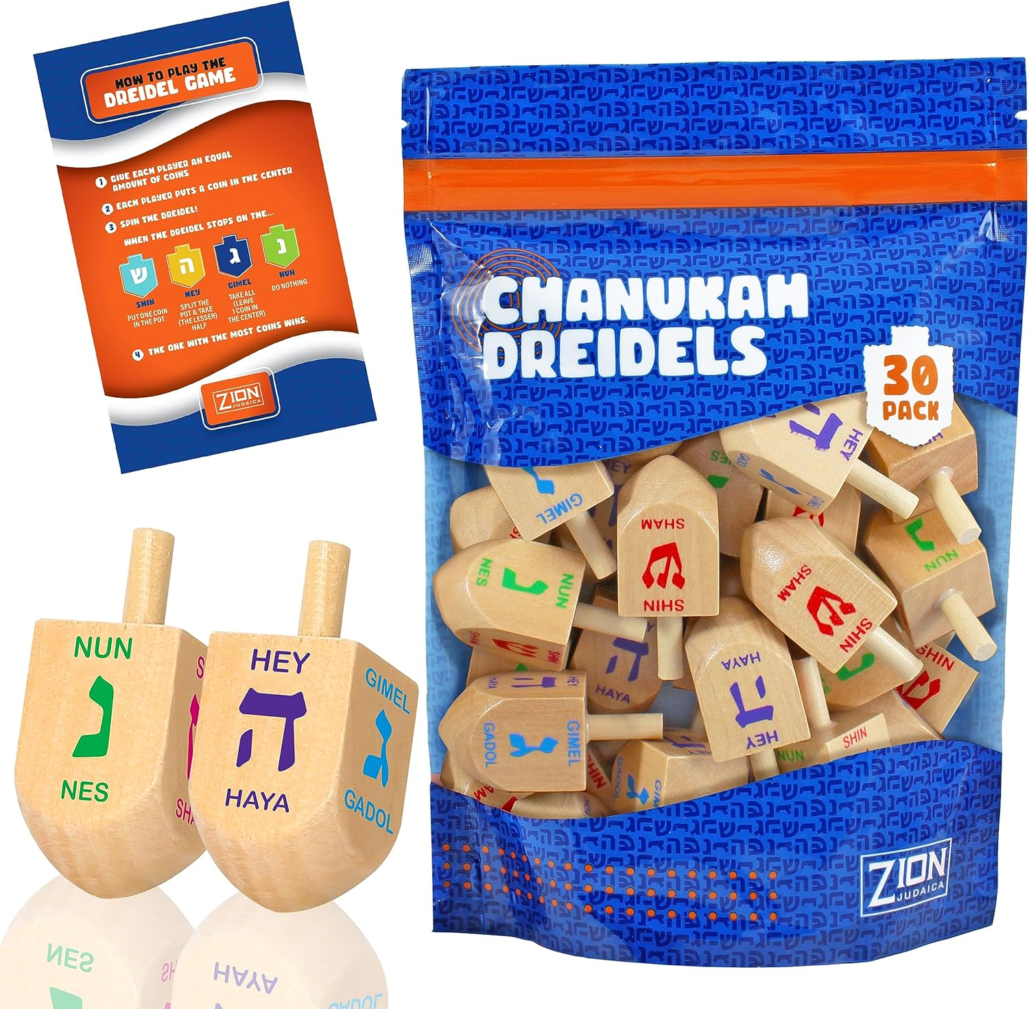 Zion Judaica Wood Dreidels Medium Sized in Bulk in Ziplock Bag (30 Pack) image number 2