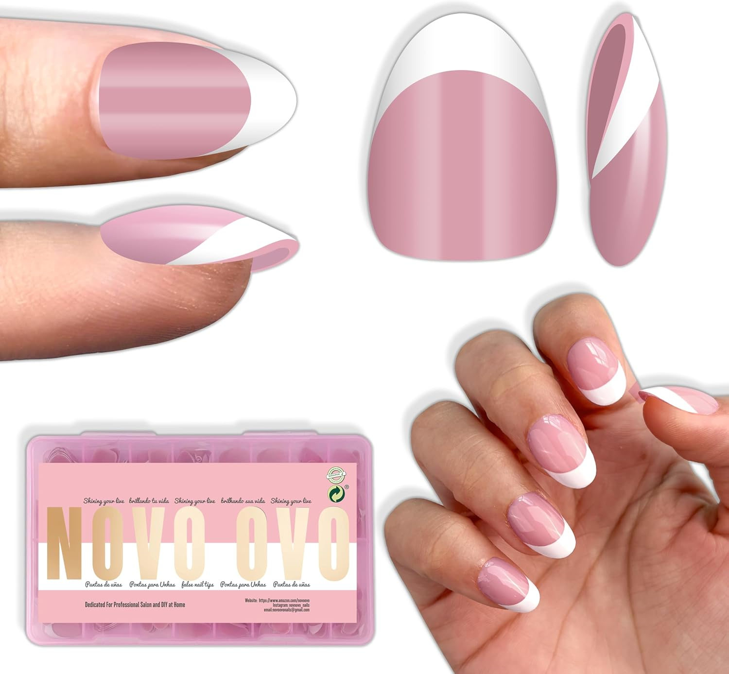 NOVO OVO Extra Short White French Tip Almond Nail Tips, Press on Baby Pink, Thick Short Almond Nail Tips, Soft Gel Nails for Extension, Need Builder Gel for DIY X 16 Sizes, Pack of 224