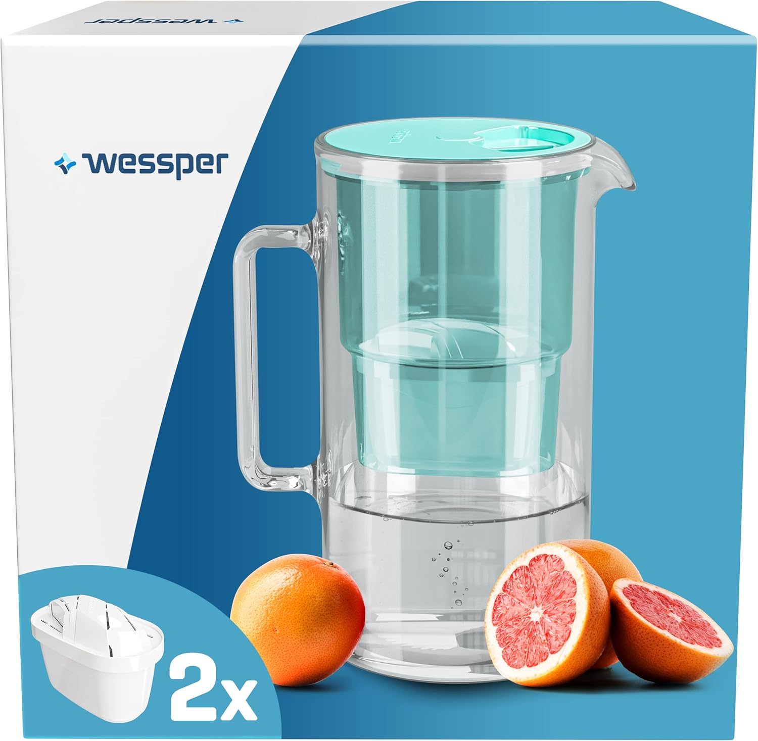 Wessper Glass Filter Jug with Two Filters for Carafes, Compatible with Brita Maxtra, Brita Maxtra+, Large Capacity 3L, Carafe Kit + 2 Cartridges- Mint