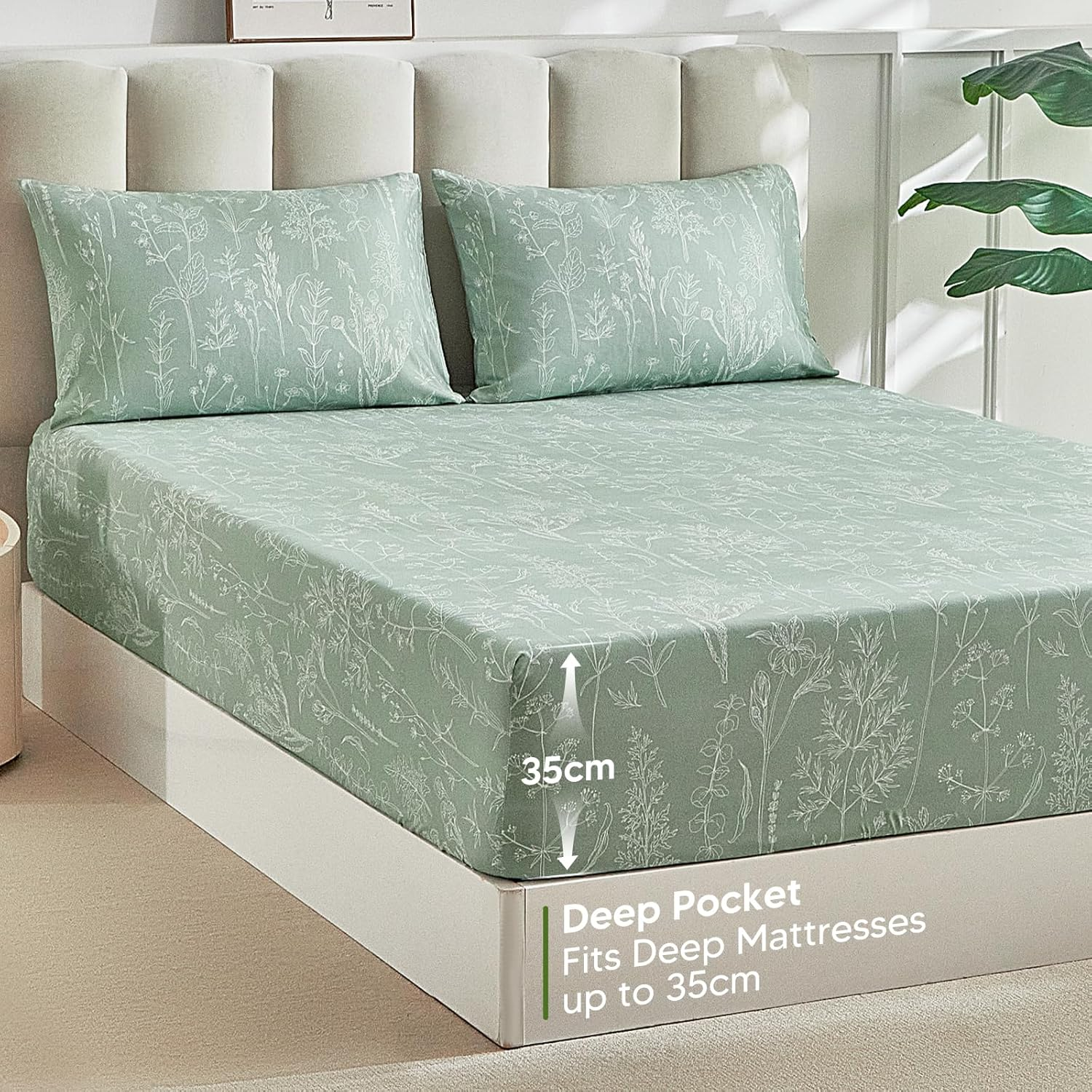 Tokokimo Fitted Sheet 160 X 200 Cm, 35 Cm Large Pockets with 2 Pillowcases 50 X 80 Cm - Soft Microfibre Duvet Cover with Hand-Painted Floral Motif, Sage Green image number 3