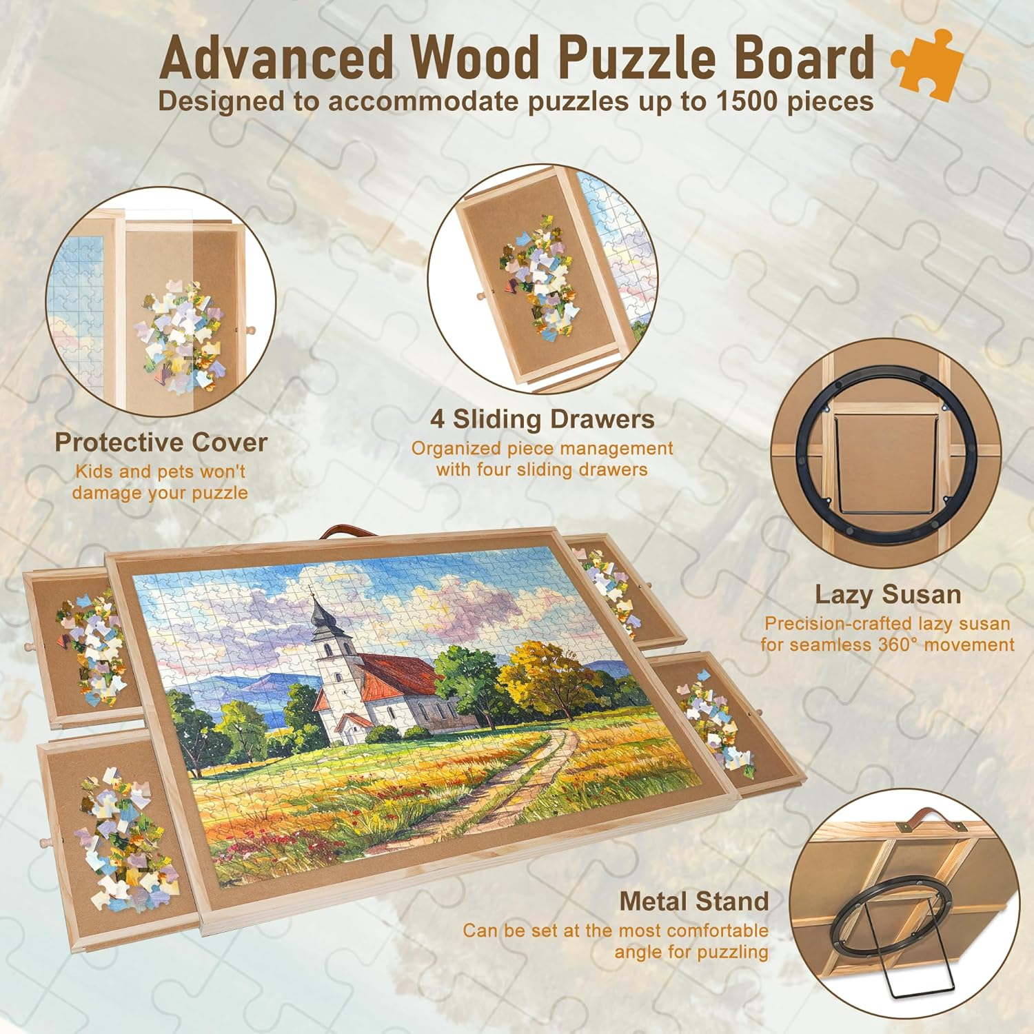 1500 Pieces Jigsaw Puzzle Board, 2-In-1 Tilting & Rotating Puzzle Table, 35"X27"Portable Wooden Jigsaw Table for Adults, Includes 4 Storage Drawers, Leather Handle, Non-Slip Surface, Protective Cover image number 4