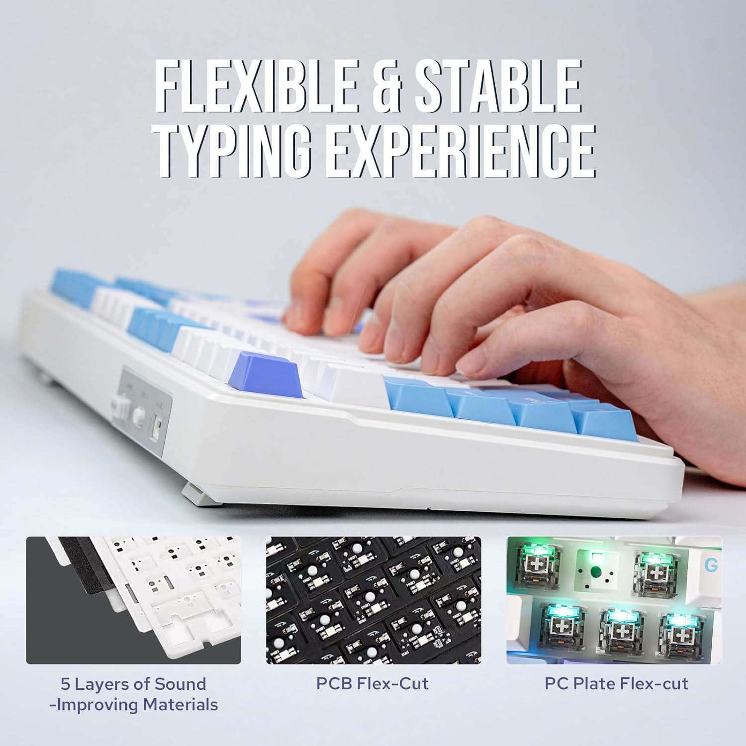 EPOMAKER X Aula F99 Wireless Mechanical Keyboard, Hot Swappable Gasket Custom Gaming Keyboard with Five-Layer Padding, Bluetooth/2.4Ghz/Usb-C, 8000Mah Battery (White Light Blue, Graywood V3) image number 3