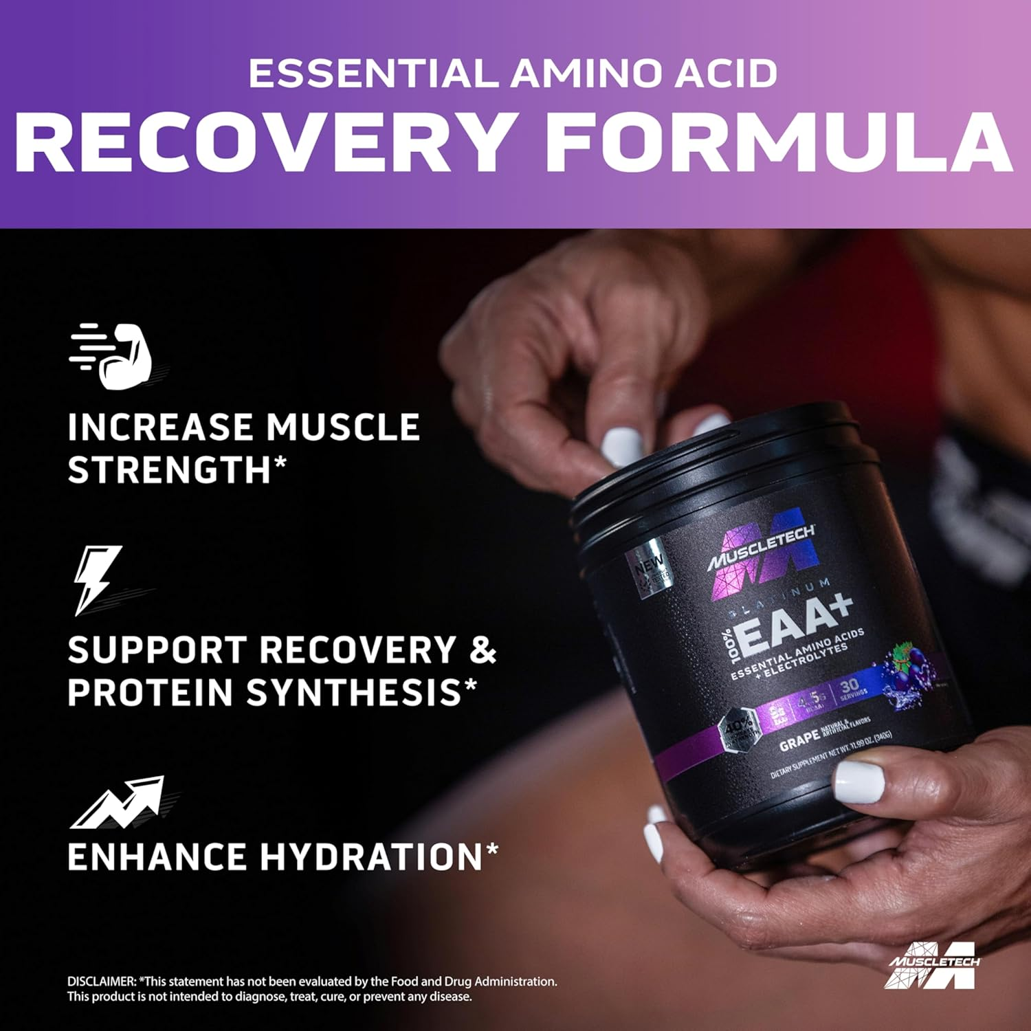 Muscletech | Platinum 100% EAA+ |Essential Amino Acids | Muscle Strength Builder for Men & Women | Workout Supplement | Grape | 13.6 Oz | 30 Servings image number 3