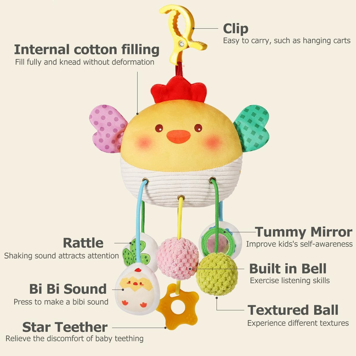Baby Activity Hanging Toy, Soft Plush Chick Sensory Toys with Rattle ＆ Textures, Baby Stroller Toy, Toy for Car Seat and Crib, Early Educational Toys for Infant Boys and Girls image number 5