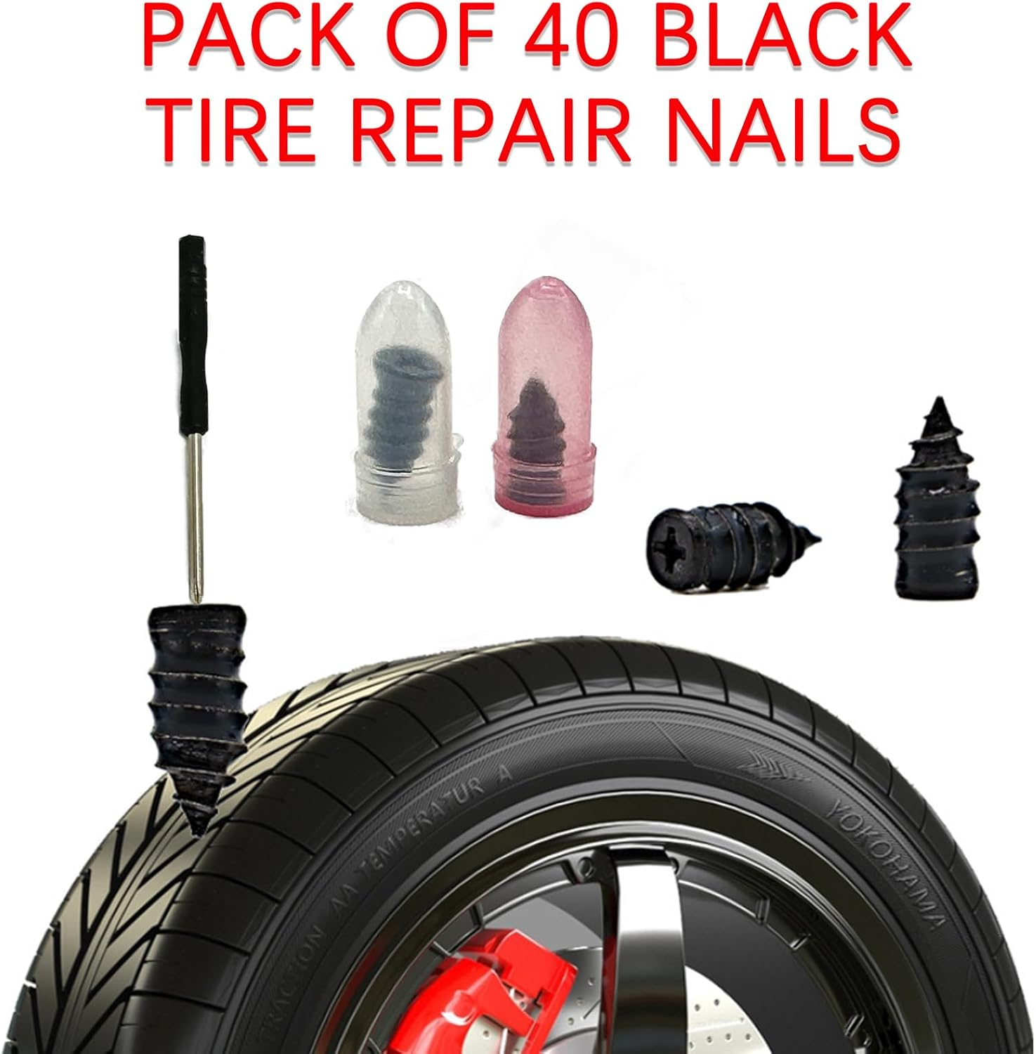 Pack of 40 Black Tire Repair Nails, 2 Size Fast Tool Self-Service Tire Repair Plugs with Screwdriver, Vacuum Tire Mending Nail with Rubber Surface for Auto Car Motorcycle Tire Rapid Repair