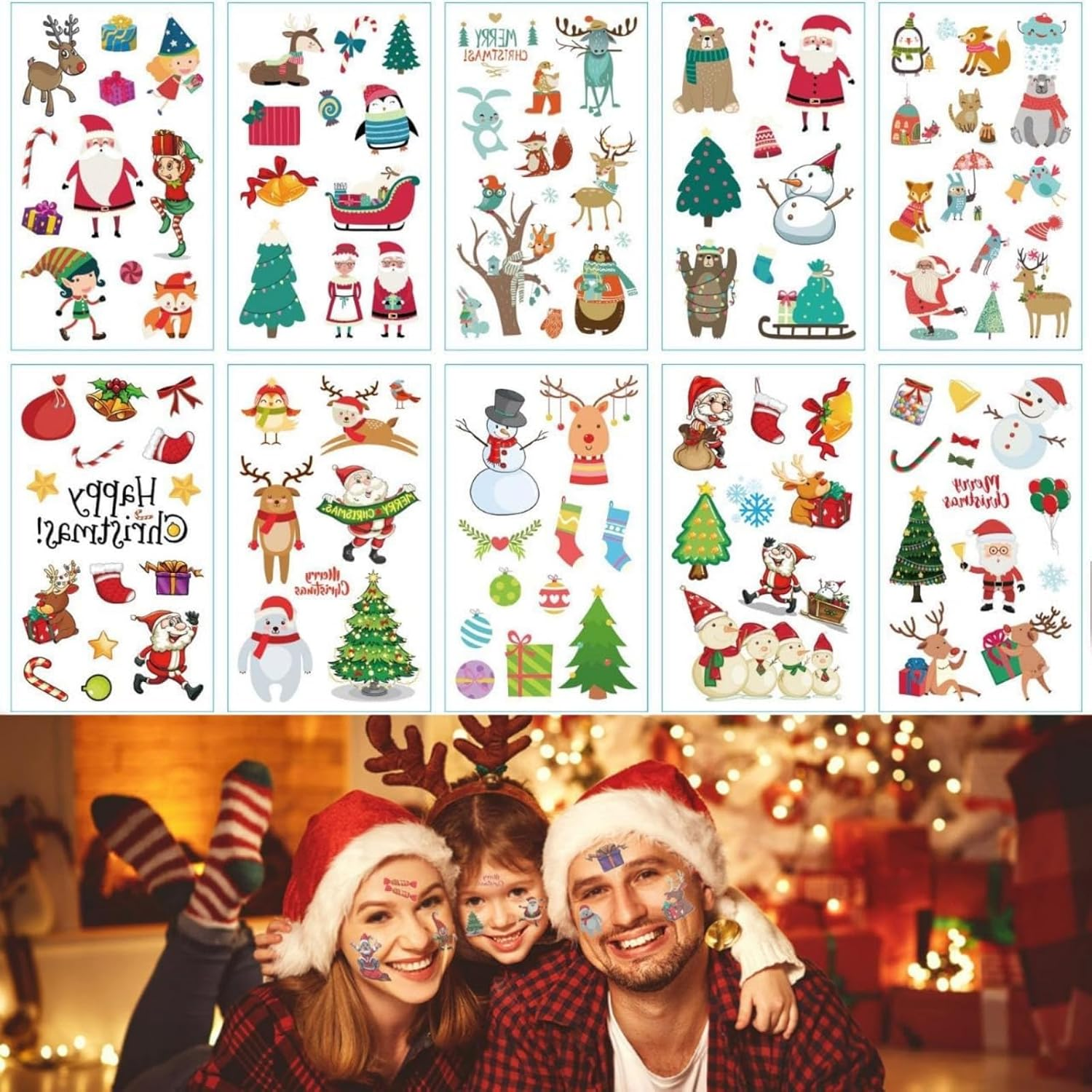Itadaku 10 Sheets Christmas Temporary Tattoos, Waterproof Cute Tattoo Stickers for Body & Face, Holiday Party Favors, Goodie Bag Fillers for Boys & Girls
