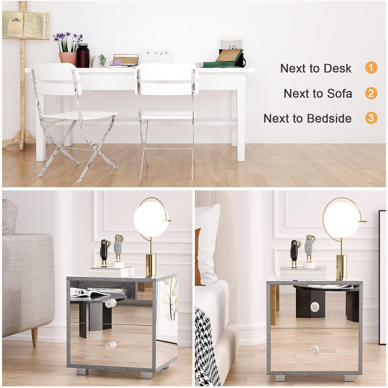 Ufurniture Mirror Bedside Table 2 Drawers Side Table Mirrored Nightstand for Bedroom Living Room image number 3