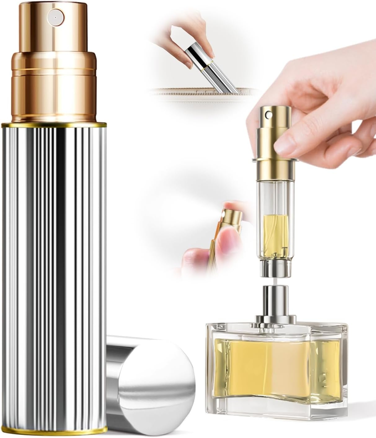 BRARIOS Perfume Atomizer Portable Refillable - 10Ml Travel Spray Bottle Nano Mist Bottom-Filling Mini Atomiser Pocket Size Cologne Dispenser for Women and Men (Silver, 10Ml) image number 1