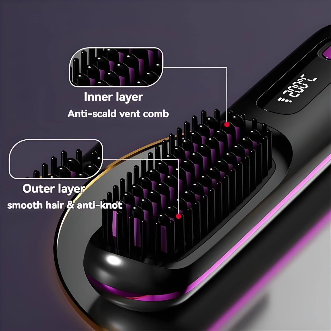 Portable Straightener Brush, Fast Heating Cordless Hair Straightener Brush, USB Rechargeable Negative Ion Anti-Scald Hot Comb, 3 Temp-Settings, Travel Essential Women(Black) image number 6