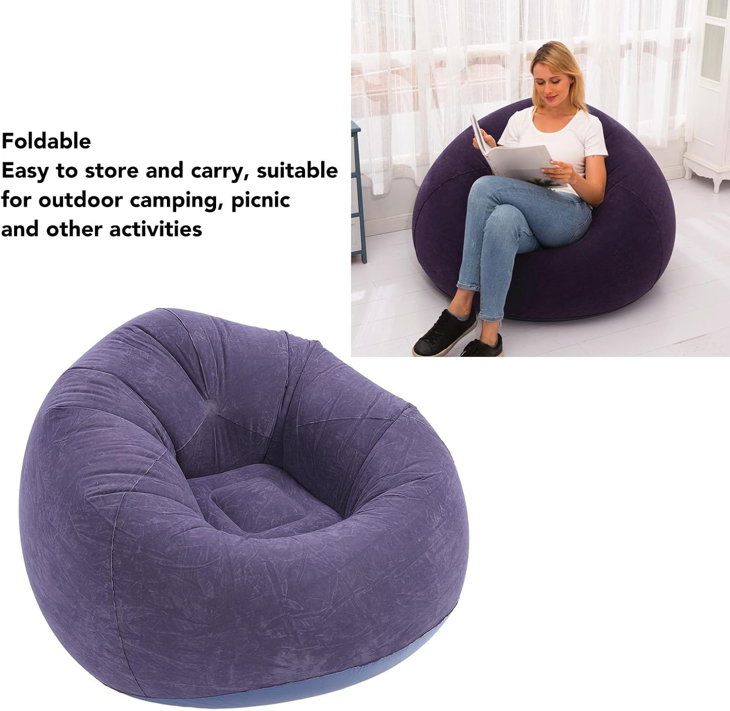 Gernie Inflatable Lounger Air Sofa, Flocking PVC Inflatable Couch, Portable Folding Blow up Sofa, Lazy Couch for Living Room, Bedroom, Balcony, Office, Camping, Travel image number 5