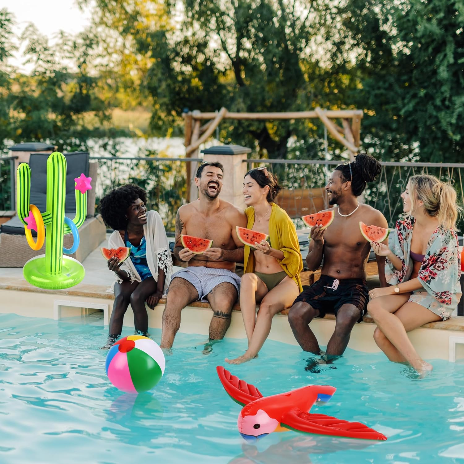 Ruisita Hawaiian Party Inflatable Toy Set Cactus with 8 Loops Palm Tree Flamingo Wingless Parrot 2 Pieces Beach Ball Dolphin Banana for Swimming Pool Beach Luau Fiesta Party Decor