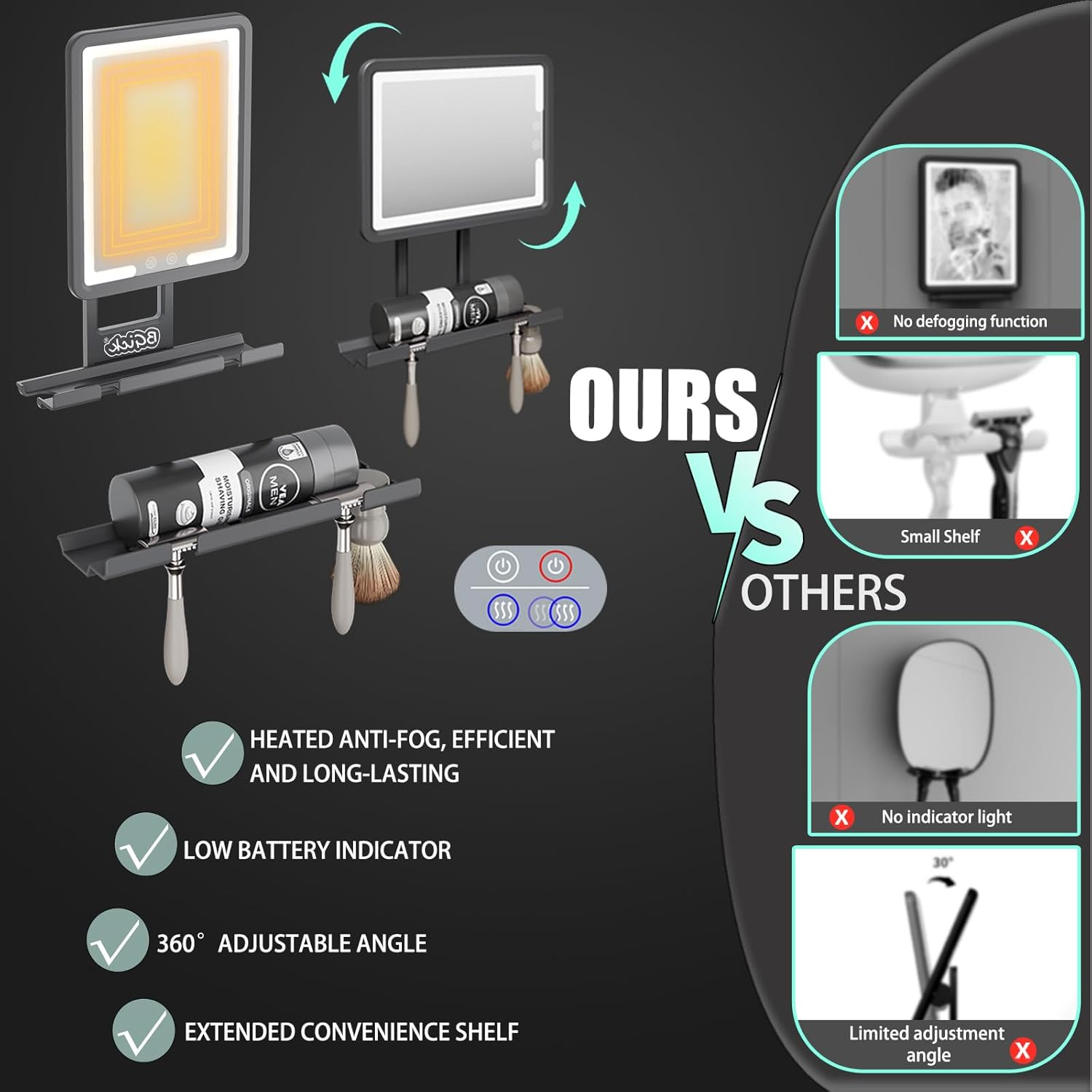 Bgick Lighted Anti-Fog Shower Mirror for Shaving - 3 Color Modes Dimming Fogless with Light, 360&deg;Rotation, Rechargeable Shower Mirror with Storage Tray & Razor Holders & Shaving Brush Holders (Grey) image number 5