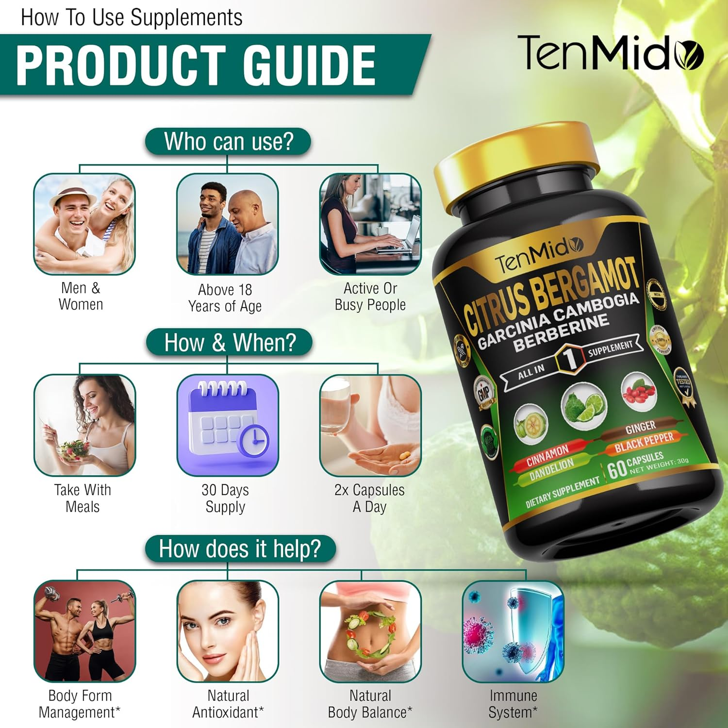 Citrus Bergamot Supplement - Blend with Garcinia Cambogia, Berberine, Cinnamon & More - Body Management, Overall Wellness Support - 60 Vegan & Non-Gmo Capsules