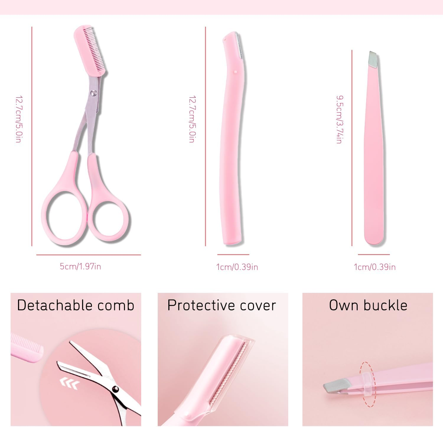 TORMEN Professional Eyebrow Grooming Kit, Eyebrow Scissors with Comb Eyebrow Razor Eyebrow Tweezers for Perfect Eyebrow Shaping, Face Hair Removal Tool for Men and Women(Pink) image number 3
