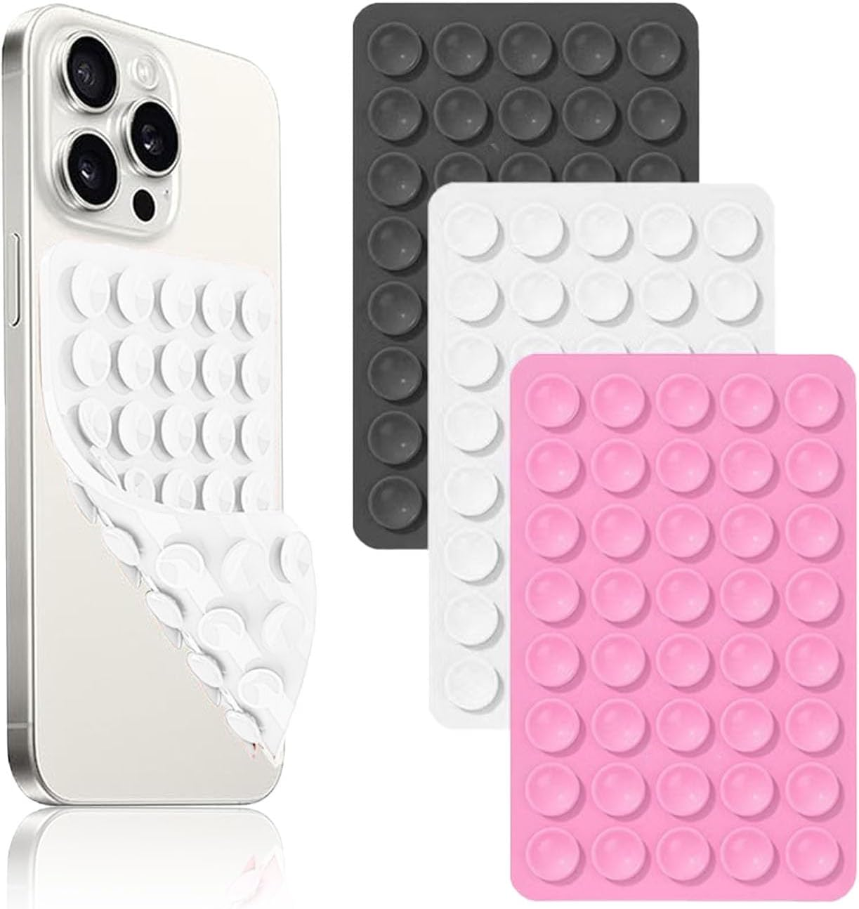 3Pcs Double-Sided 80 Independent Suction Cups Suction Phone Case,Silicone Non Slip Repeat Used Suction Cup Phone Mount.Hands-Free Phone Accessories Holder for Selfies and Videos (Black,Blue,Yellow)