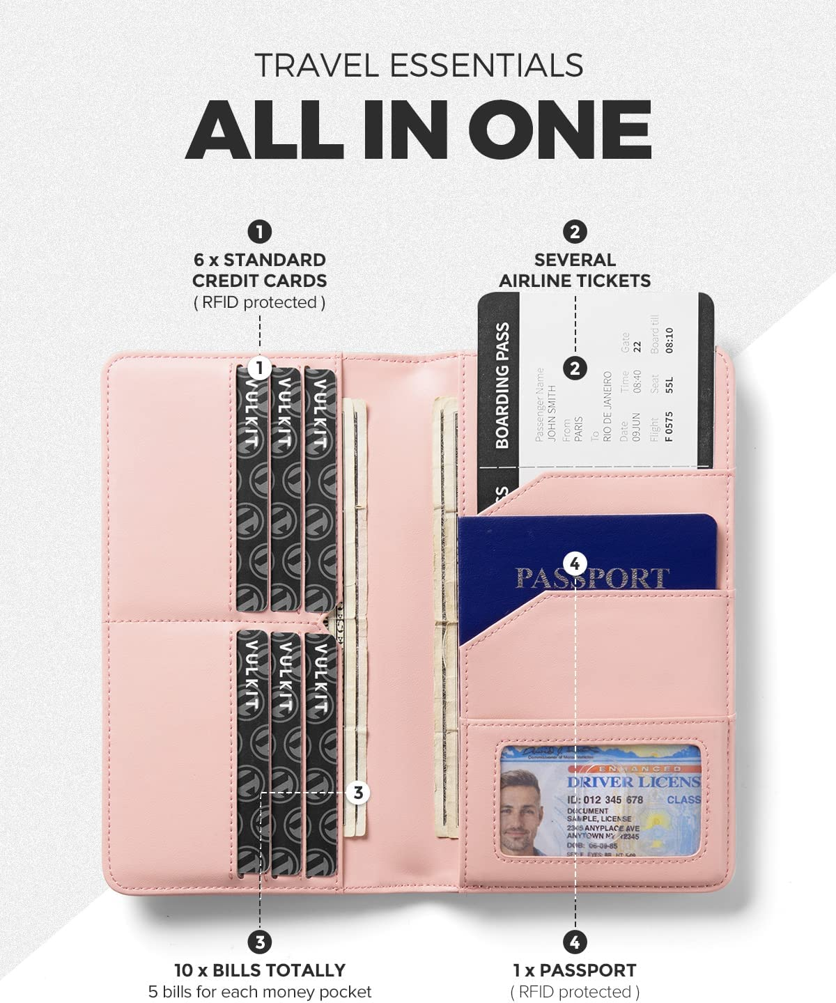 VULKIT Passport Wallet Premium Nappa Leather RFID Blocking Travel Wallet for Men & Women - Cf Black image number 3