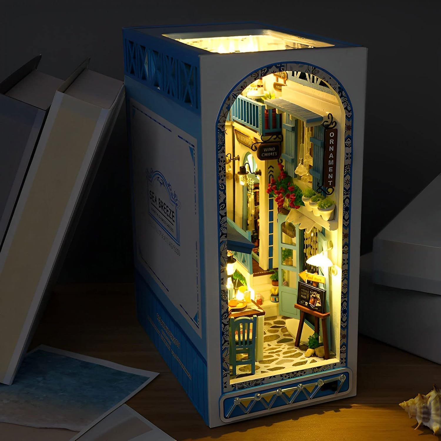 DIY Book Nook Kit 3D Wooden Puzzle Bookshelf Insert Decor with Light, DIY Miniature Dollhouse Model Kit Creative Bookshelf Insert Building Kits for Adults (Sea Breeze) image number 2