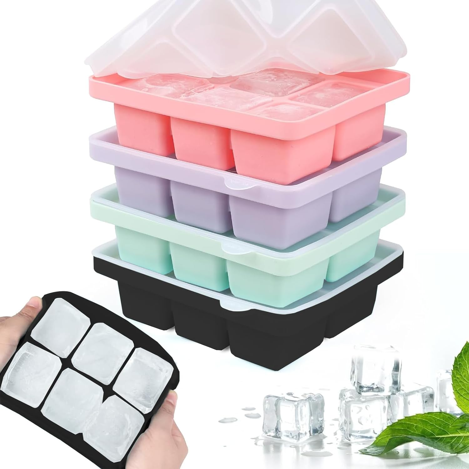 STARBRILLIANT Ice Cube Tray, Easy-Release Silicone Large Ice Moulds with Removeable Lids, Perfect for Chilled Drinks, Freezer, Baby Food, Whiskey and Cocktail