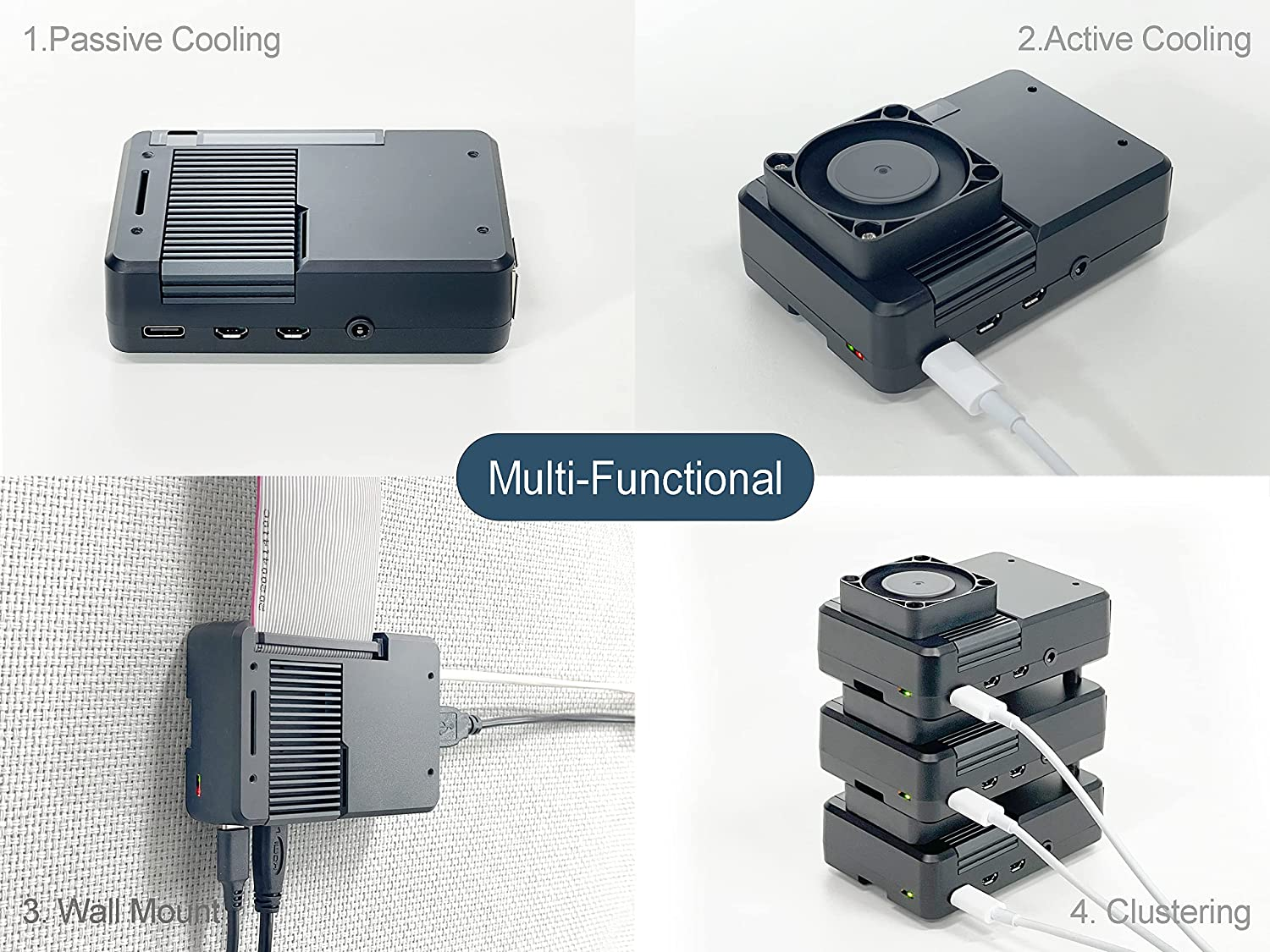 Electrocookie Multi-Functional Case for Raspberry Pi 4-1.Noiseless Passive Cooling 2.Active Cooling for Heavy Loads 3.Wall Mount 4.Cluster Building image number 6