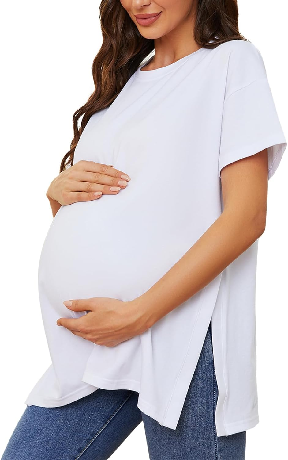 Liu & Qu Womens Maternity Shirts Short Sleeve Split Side Casual Pregnancy Clothes Crewneck Loose Maternity Tops image number 7