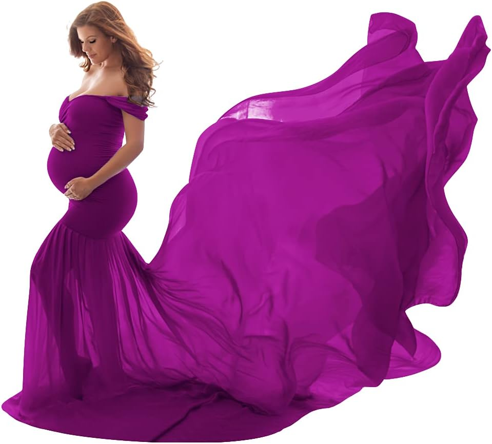 IWEMEK Women Maternity Dress for Photography Mermaid off Shoulder Slim Fitted Chiffon Gown Flowy Baby Shower Maxi Photo Props Dress image number 5