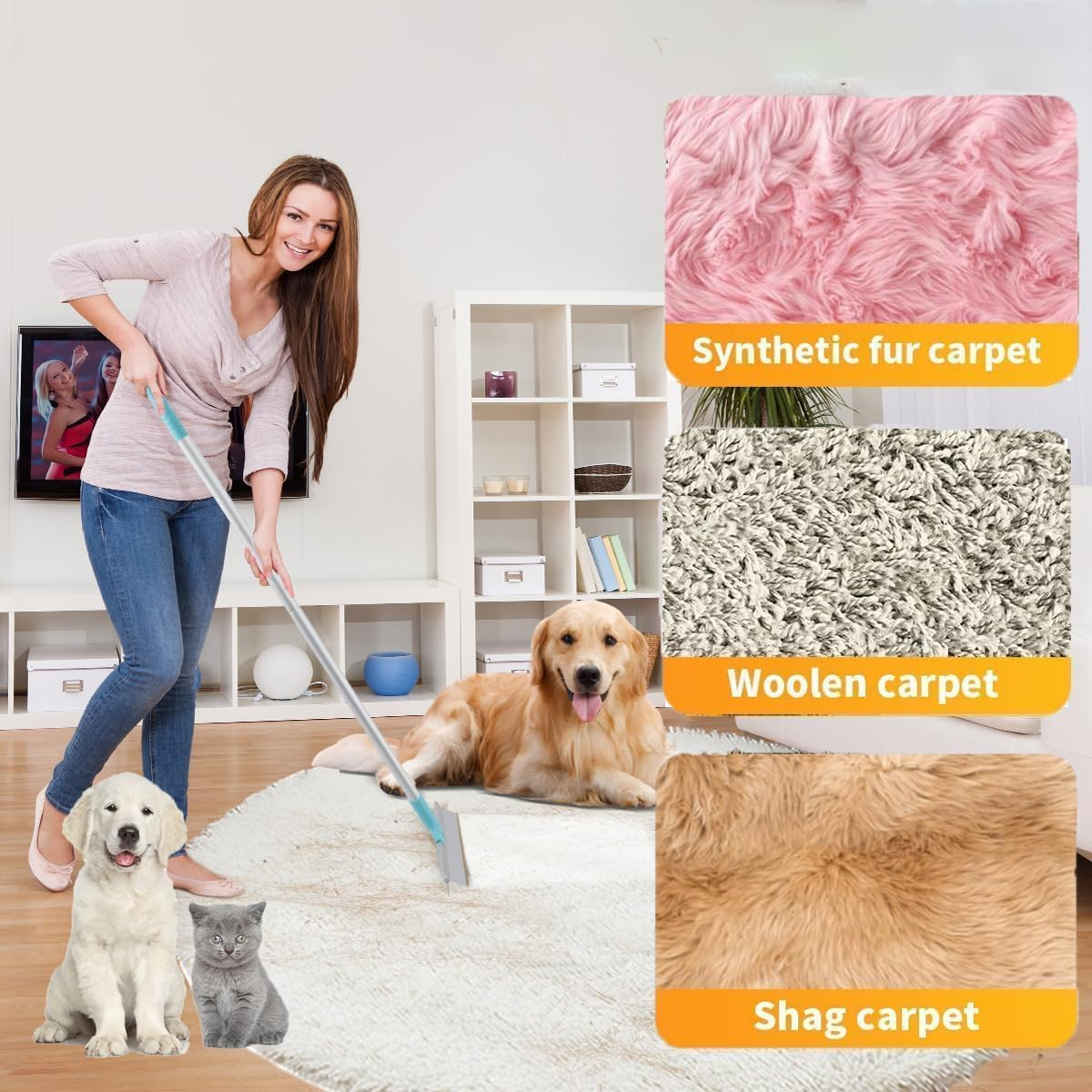 Double Sided Pet Hair Removal Carpet Rake with 55" Adjustable Long Handle for Low Pile Rugs, Couch, Mats and Furniture, Restore Carpet Fluffiness image number 4